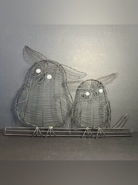 Decorative Metal Wire Owls w/ White Gem Eyes on a Branch Wall Art 12.75 x 18"